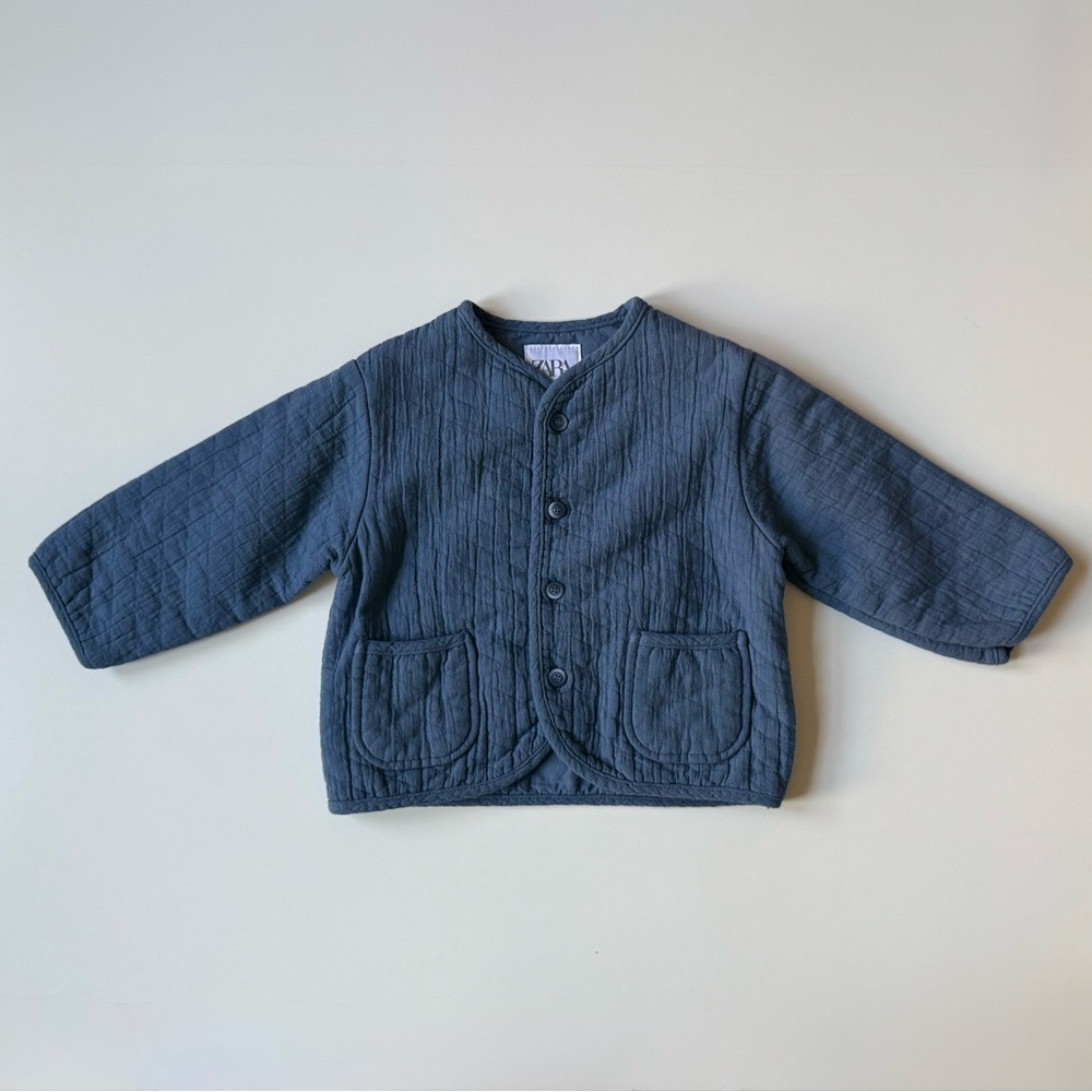 Zara Baby Unisex Textured Quilted Jacket - Blue/Gray - Size 6-9M